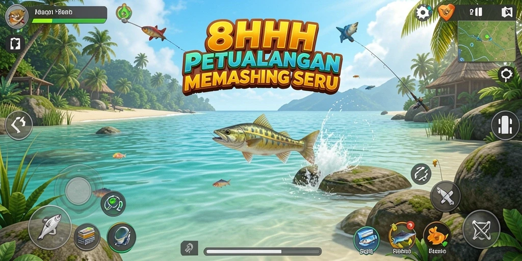 Screenshot gameplay menampilkan petualangan memancing di 8HHH.