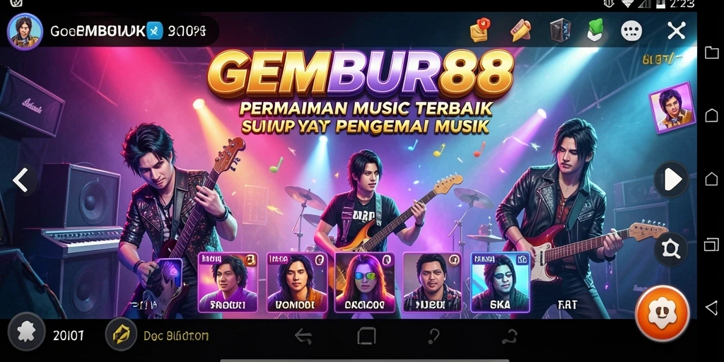 Screenshot menunjukkan gameplay interaktif dengan berbagai lagu musikk.