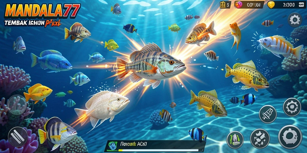 Gameplay aksi seru di MANDALA77 saat menembak ikan.