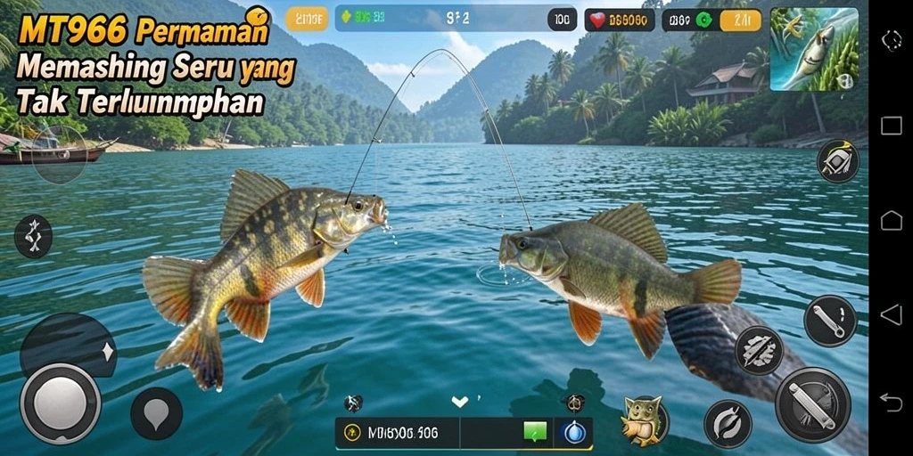 Screenshot gameplay MT966 yang menampilkan sesi memancing yang mendebarkan.