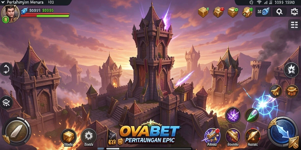 Screenshot gameplay OVABET menampilkan menara yang siap menghadapi serangan musuh.
