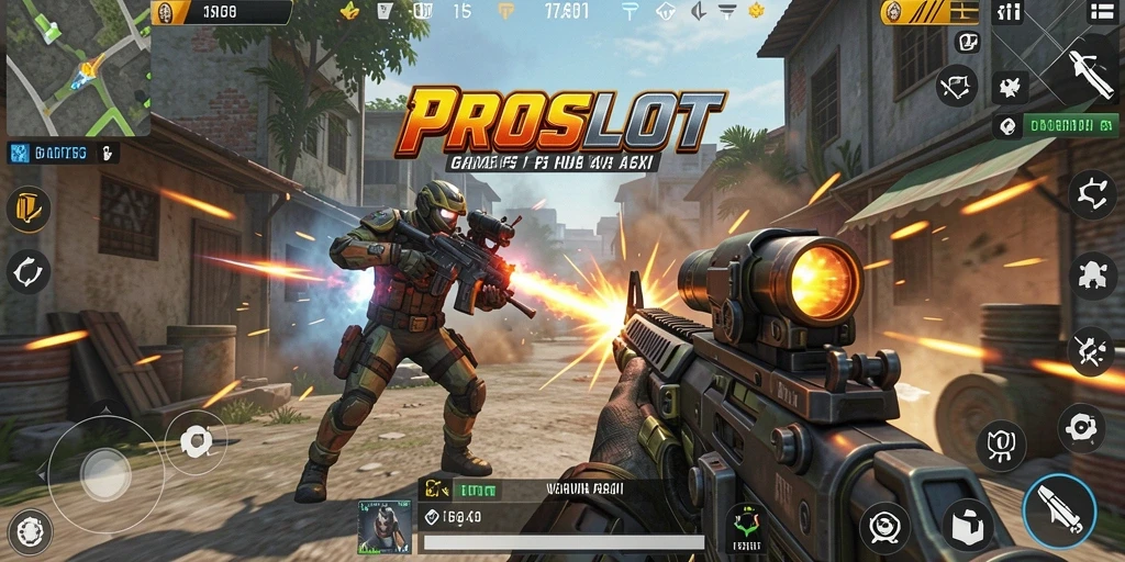 Screenshot gameplay PROSLOT menampilkan aksi cepat di battlefield FPS.