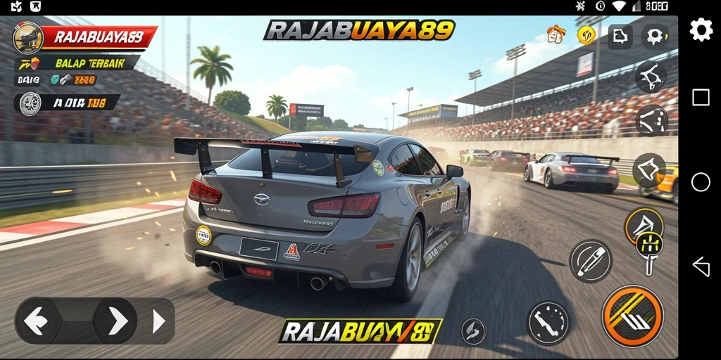Screenshot gameplay RAJABUAYA89 dengan aksi balapan yang seru.