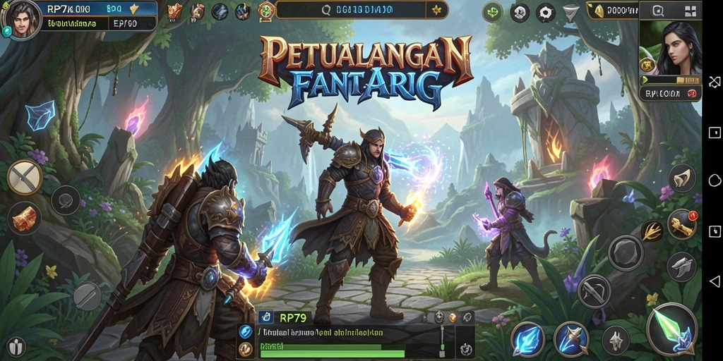Screenshot gameplay RP79 menunjukkan pertempuran epik dengan karakter yang keren.