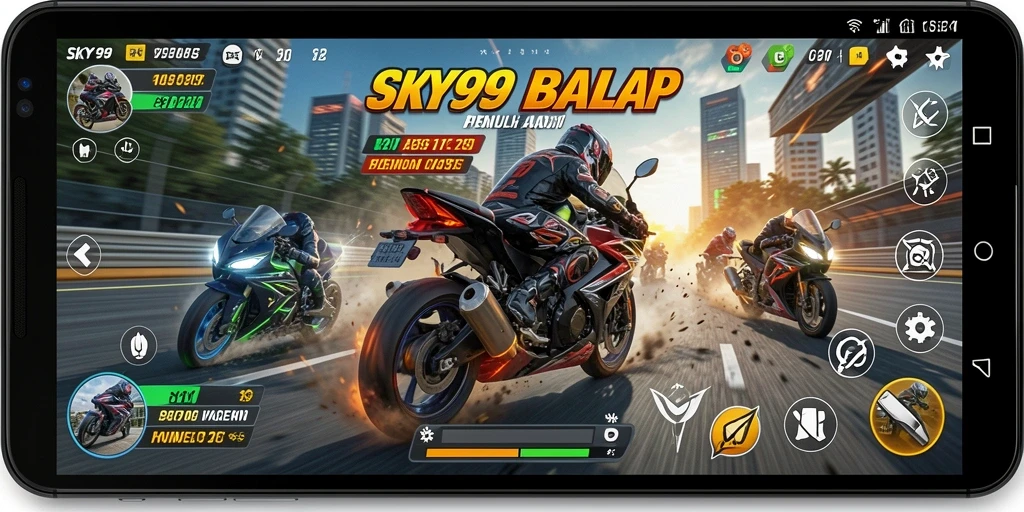 Screenshot gameplay SKY99 yang menunjukkan aksi balap motor yang mendebarkan.